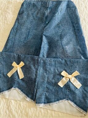 Girls' Blue Denim Wide-Leg PANTS with Cream Ribbon Bows